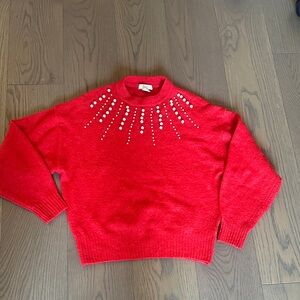 H&M Bright Red Crewneck Sweater with Pearl and Stud Detail